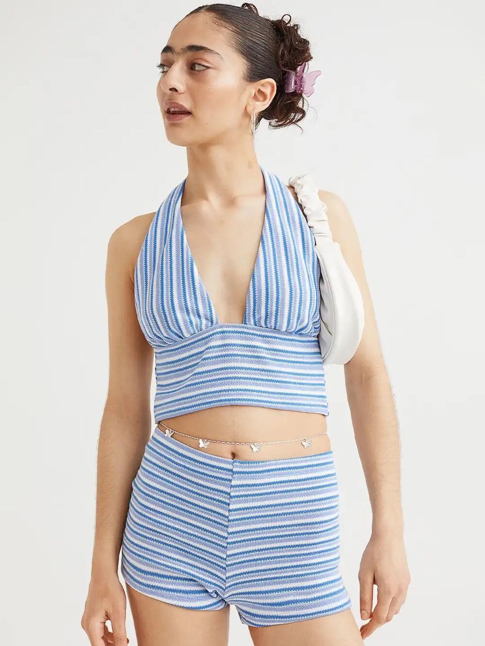 H&M Divided Blue White Striped Halter Crop Top Size Medium Coastal